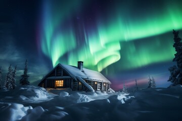 a house in the snow with green lights in the sky