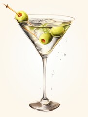 A glass of olive oil martini with a green olive on a toothpick