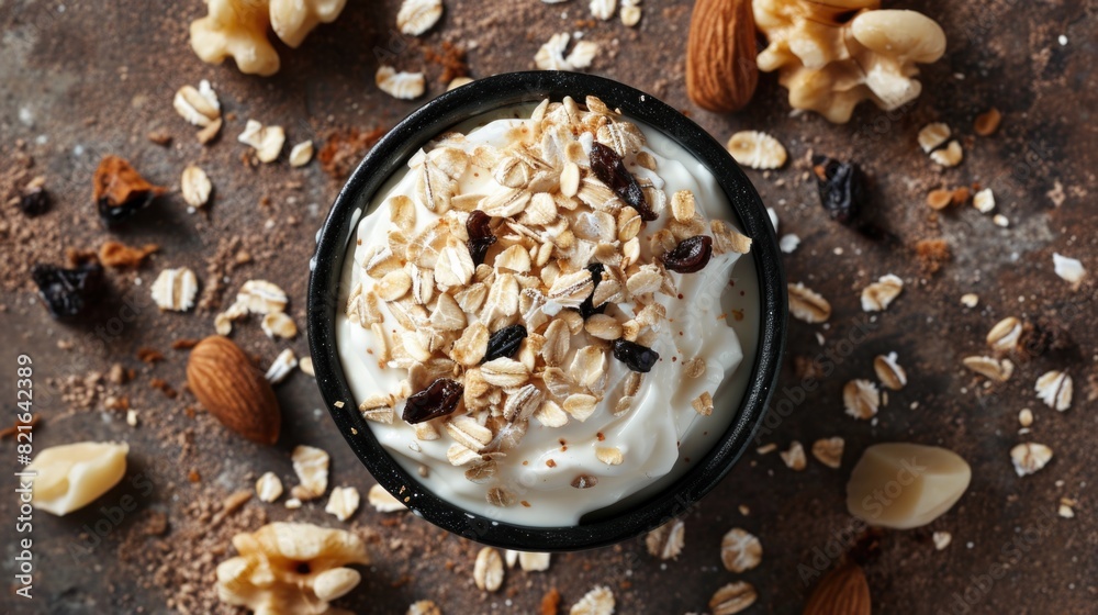 Wall mural A bowl of yogurt with granola and nuts on a table