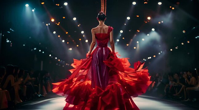 A stunning model showcasing a vibrant red gown with intricate details, gracefully walking down the runway under dramatic lighting during a high-fashion show.