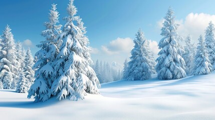 Fototapeta premium A snowy field with a few trees in the background. The trees are covered in snow and the sky is clear. The scene is peaceful and serene, with the snow covering the ground