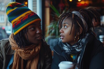 Two women are sitting at a table in a cafe, one wearing a colorful hat and scarf. They are talking to each other and one of them has a cup in front of her. The scene is casual and friendly
