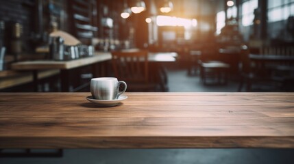 A coffee cup sits on a wooden table in a cafe. The table is surrounded by chairs and other tables. Concept of relaxation and comfort, as people can sit down - Powered by Adobe