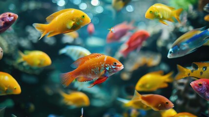 Naklejka premium A colorful fish tank with a variety of fish, including a yellow fish. The fish are swimming around and interacting with each other