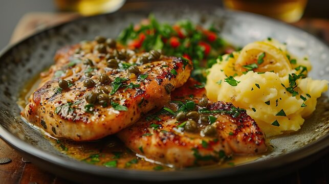 A serving of veal piccata with lemon caper sauce and mashed potatoes.