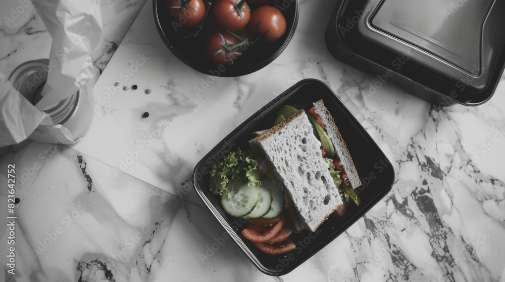 Wall mural a black container with a sandwich and vegetables sits on a marble counter. the sandwich is cut in ha