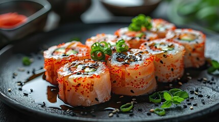 A serving of vegetable sushi rolls with soy sauce.