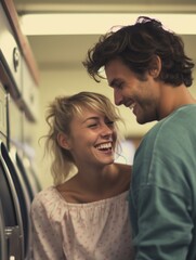 Obraz premium A man and a woman are smiling at each other in a laundromat. The man is wearing a blue shirt and the woman is wearing a pink shirt. They are both happy and enjoying each other's company