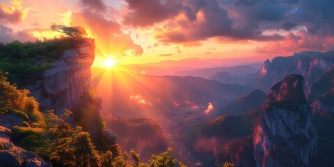 Majestic Mountain Cliff Bathed in Golden Sunset Glow Dramatic Digital Landscape