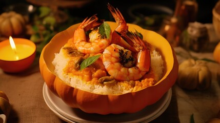 A bowl of shrimp and rice is served in a pumpkin. The dish is served on a table with other food items, including a pumpkin and a candle. Scene is warm and inviting, with the pumpkin