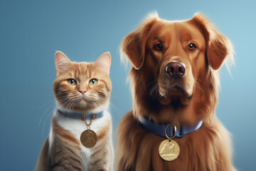 a cat and dog with medals around neck