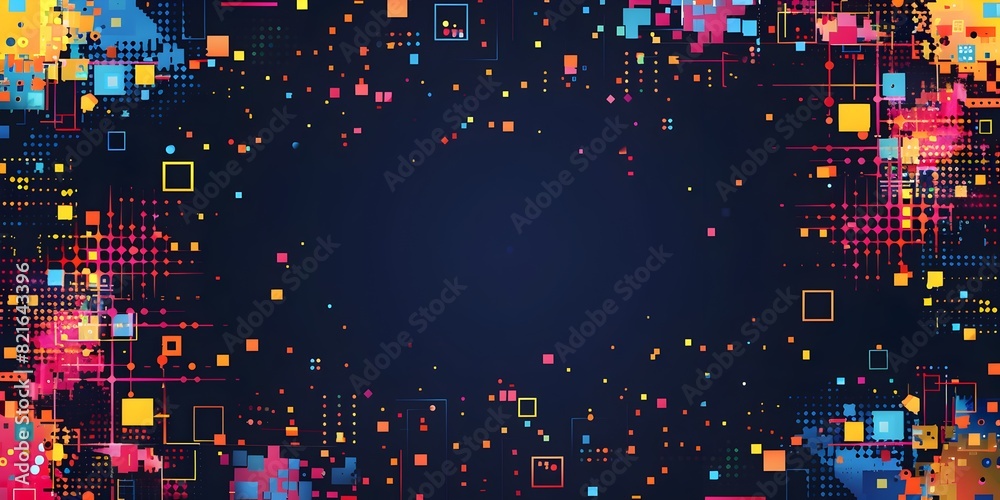 Poster vibrant pixel art frame on a sleek digital matrix background showcasing a captivating multicolored g