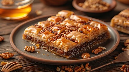 A slice of baklava with layers of phyllo dough and honey.