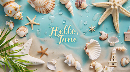 Background with summer-themed elements such as seashells, starfish, and sandcastles on the sides, in the center the text "Hello, June" in playful font
