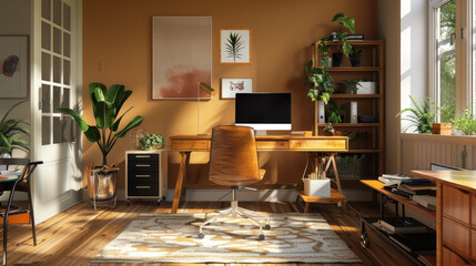 A cozy home office with modern decor, showcasing a peaceful workspace without any logos; ideal for marketing and advertising related to remote work.