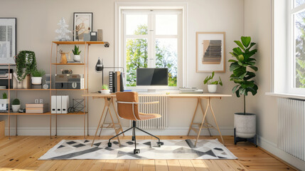 A cozy home office with modern decor, showcasing a peaceful workspace without any logos; ideal for marketing and advertising related to remote work