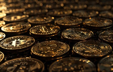 Gold cryptocurrency Bitcoin against the background of many other gold coins in hard light. New concept of the rising value of based blockchain industry digital cryptocurrencies. Close Up.