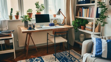 A cozy home office with modern decor, showcasing a peaceful workspace without any logos; ideal for marketing and advertising related to remote work