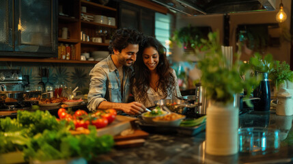 Indian couple cooking together in the kitchen