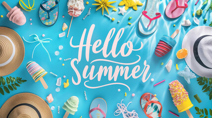 Background with colorful ice creams, sun hats, and flip-flops on the sides, in the center the text "Hello Summer" in stylish calligraphy