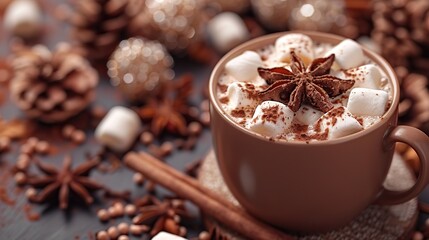 A steaming mug of hot chocolate with marshmallows and a sprinkle of cinnamon, ideal for a cozy...