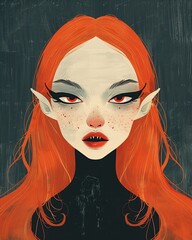 Lovely female vampire with red hair and fangs flat design top view Halloween night theme watercolor pastel