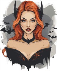 Cute female vampire with red hair and fangs flat design top view Halloween night theme water color pastel