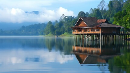 Naklejka premium A rustic wooden cabin perched on stilts over a calm river, offering a secluded getaway in nature