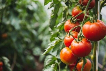 Red tomatoes on a branch in a greenhouse closeup Ripe tomatoes growing on a branch in a greenhouse, AI generated