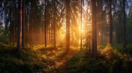 Fototapeta premium Forest landscape panorama at sunset