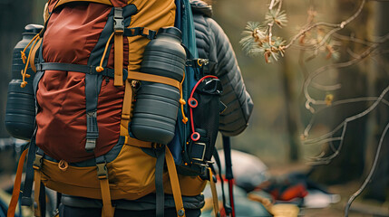 Close-up of a backpack with various hiking essentials attached.