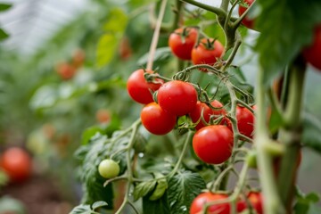 Obraz premium Red tomatoes on a branch in a greenhouse closeup Ripe tomatoes growing on a branch in a greenhouse, AI generated