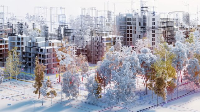 Detailed BIM model showcasing the electrical network of a new development. Startup planning and drafting concept.