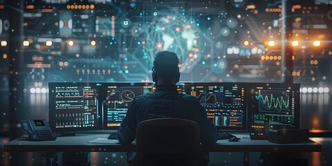 Cybersecurity Professional Monitoring High Tech Digital Network from Futuristic Workstation