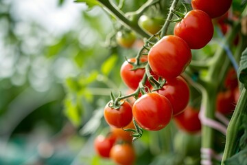 Obraz premium Red tomatoes on a branch in a greenhouse closeup Ripe tomatoes growing on a branch in a greenhouse, AI generated
