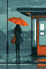 Young Woman Waiting at Bus Stop with Umbrella on Rainy Day, Checking Phone Schedule