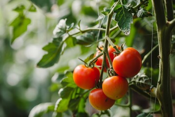 Red tomatoes on a branch in a greenhouse closeup Ripe tomatoes growing on a branch in a greenhouse, AI generated