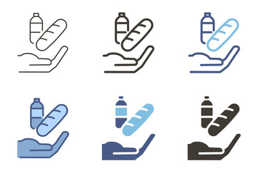Hand offering food icon. Food donation with bread and water. Vector graphic elements for charity, groceries, generous assistance