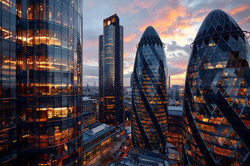 city skyline at sunset,
 Abstract of Modern Office Buildings in London 