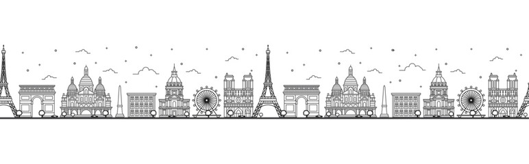 Seamless pattern with outline Paris France City Skyline. Historic Buildings Isolated on White. Paris Cityscape with Landmarks.