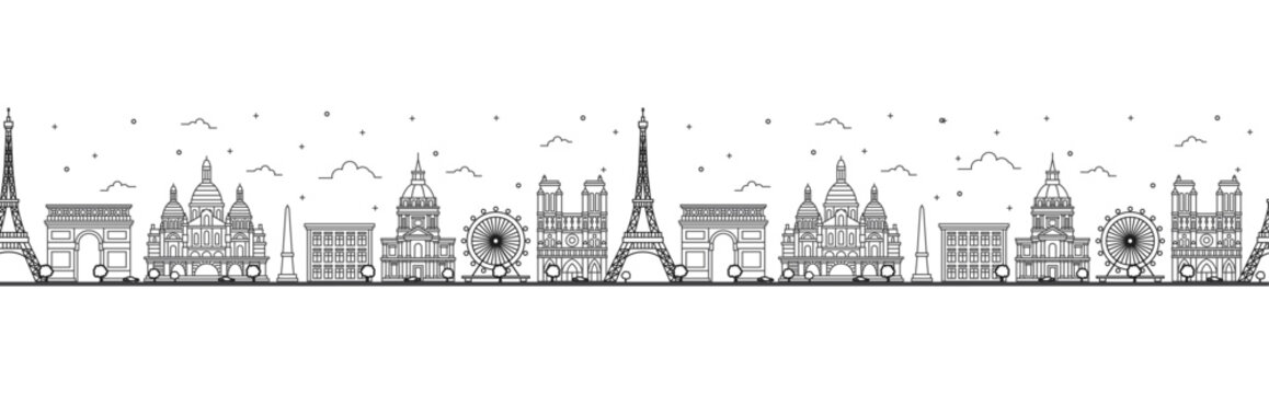 Seamless pattern with outline Paris France City Skyline. Historic Buildings Isolated on White. Paris Cityscape with Landmarks.