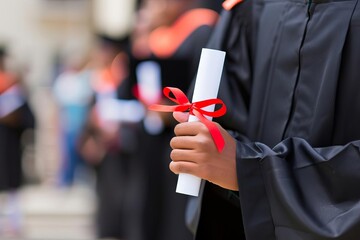 A young man in a black graduation gown holds his diploma with a red ribbon.