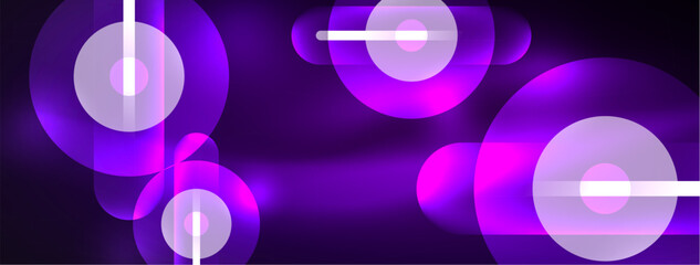 Abstract design pulsates with neon glowing light effects, casting an entrancing glow in the darkness, captivating the eye with its vibrant energy. Glass circles neon glowing light effects