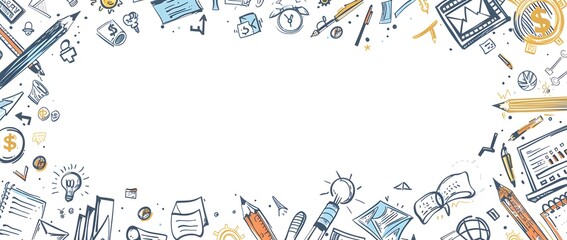 Minimalistic Business Themed Doodle Border with Blank Central Space for Mockup or Message Overlay