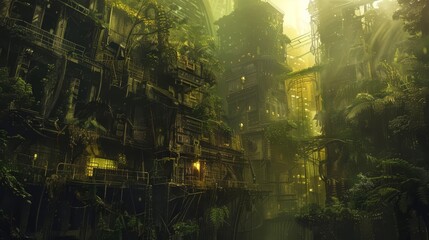 A dense jungle overtook a crumbling laboratory filled with ancient machinery, bathed in an eerie yellow glow with blurry background, scifi photo, sharpen banner