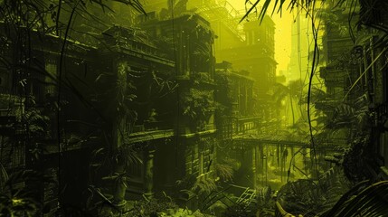 A dense jungle overtook a crumbling laboratory filled with ancient machinery, bathed in an eerie yellow glow with blurry background, scifi photo, sharpen banner