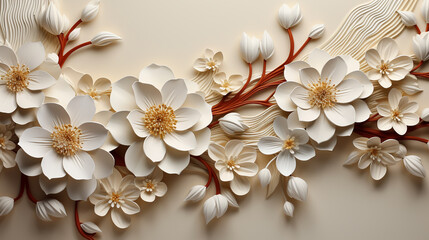 3d art Background. Paper flower. White roses paper. Wedding decorations. Decorative bridal bouquet, isolated floral design elements.