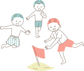 ビーチフラッグをする子供たち