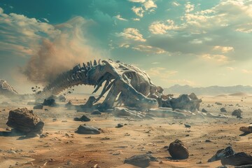 A vast desert wasteland where colossal skeletal remains of unknown creatures lay under a bright, electric blue sky with blurry background, scifi photo, sharpen banner