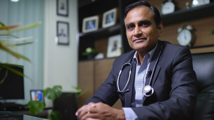 Indian high class luxury private medical expert wearing a suit, Stethoscope, sitting in minimal office